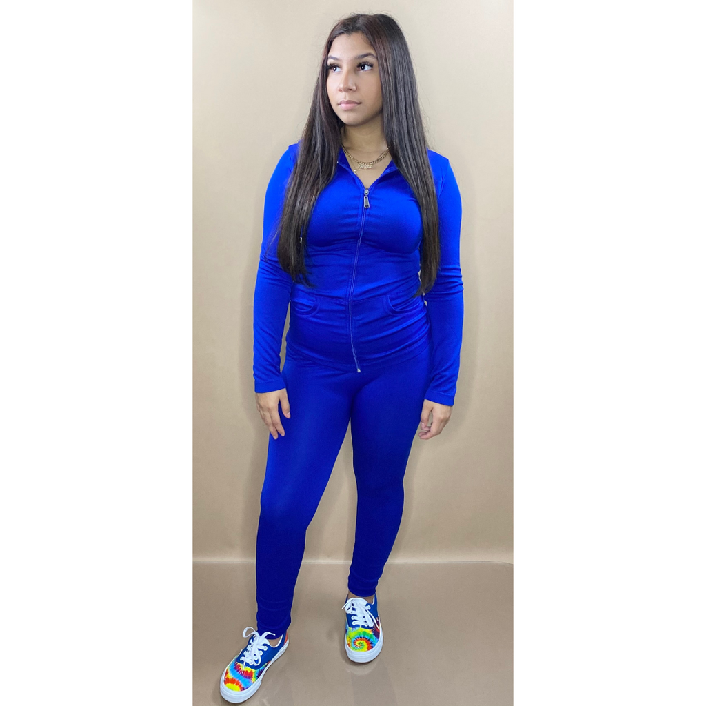 Around Town zip up hooded jacket legging set – Blue