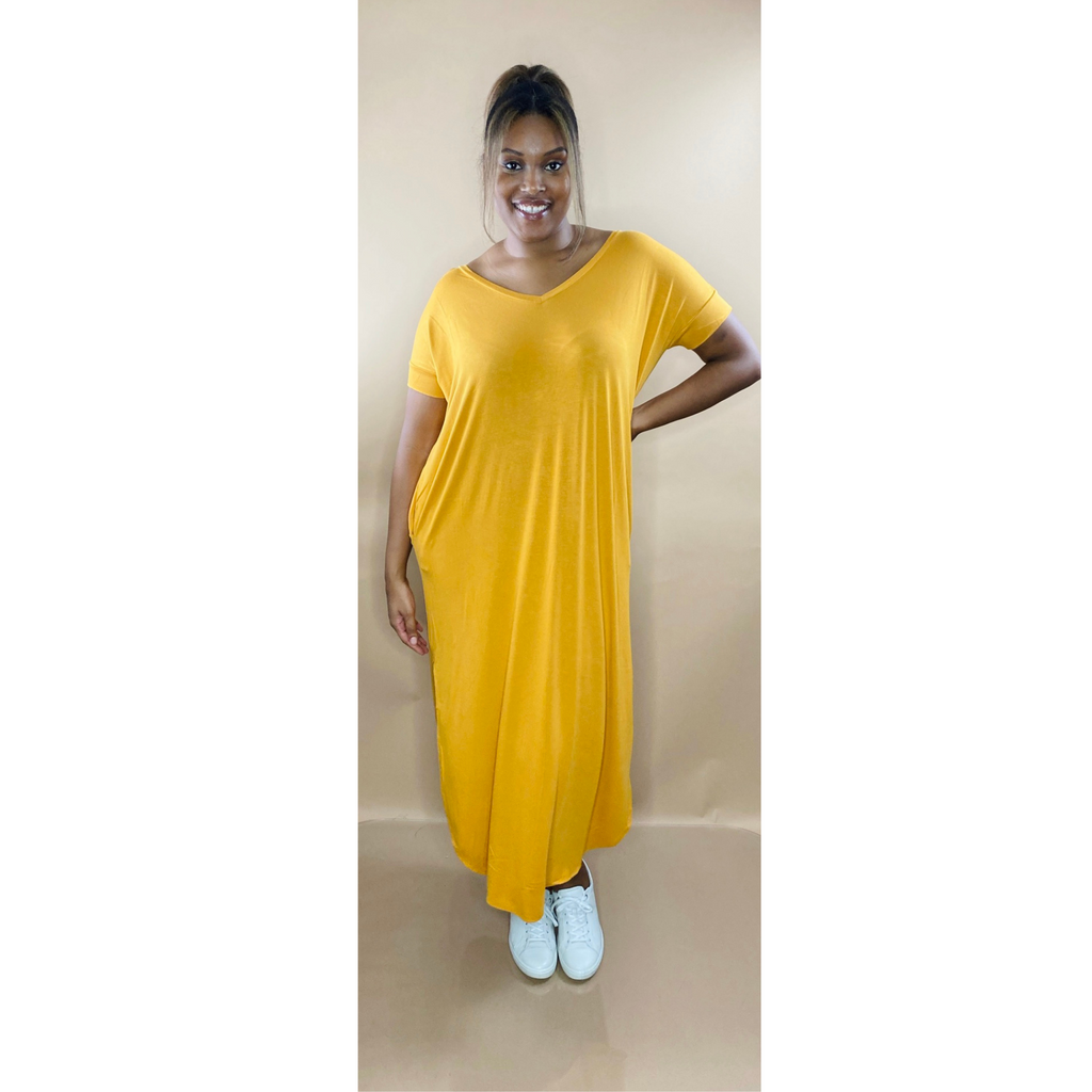 Long Basic Essential Maxi Dress- Ash Mustard